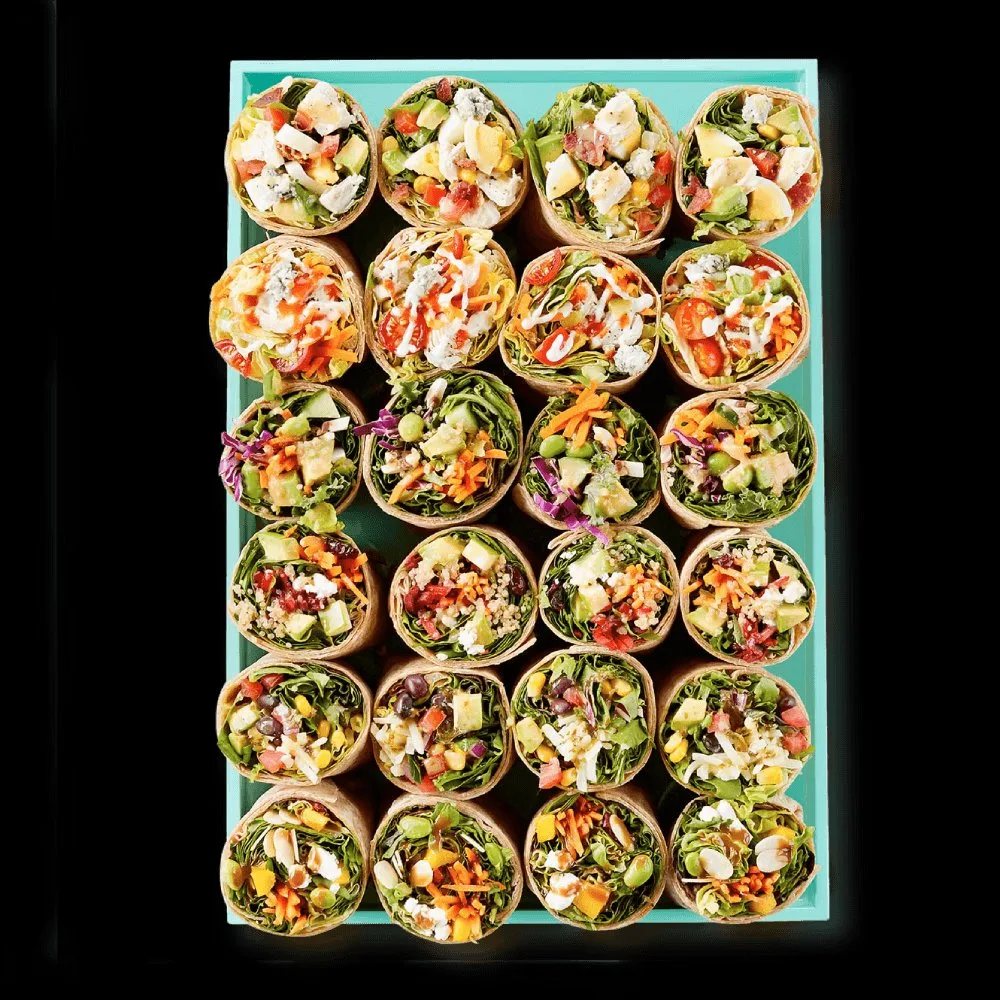 Freshii Sundance catering wrap platter — fresh whole-wheat wraps arranged on a tray for corporate events and group orders in SE Calgary