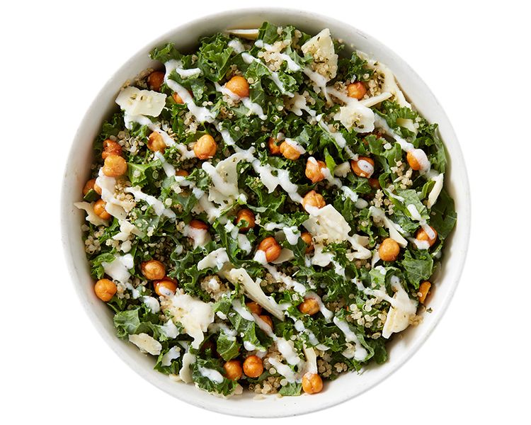 Kale Caesar Salad at Freshii Sundance Calgary — kale, herbed quinoa, crispy chickpeas, hemp seeds, parmesan, Greek yogurt caesar