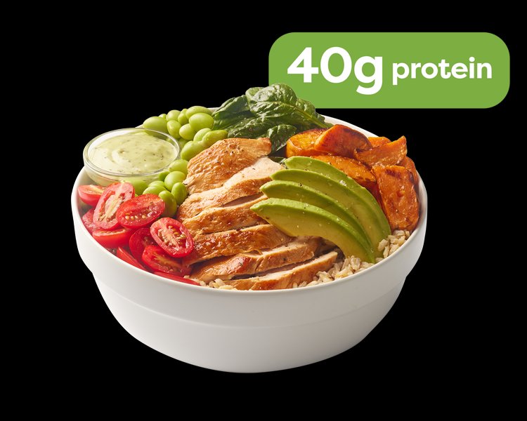 High-protein macro bowl at Freshii Sundance Calgary — lean protein, whole grains, fresh vegetables, balanced macros